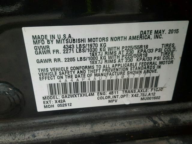 4A4AP4AU7FE037771 - 2015 MITSUBISHI OUTLANDER BLACK photo 10