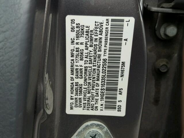 1HGES16335L022556 - 2005 HONDA CIVIC DX V GRAY photo 10