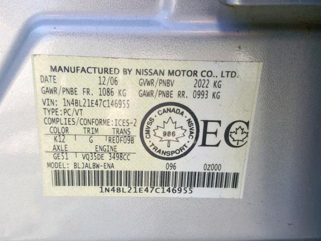 1N4BL21E47C146955 - 2007 NISSAN ALTIMA 3.5 SILVER photo 10