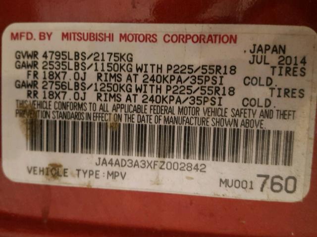 JA4AD3A3XFZ002842 - 2015 MITSUBISHI OUTLANDER RED photo 10