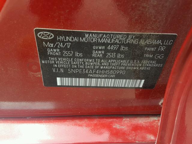 5NPE34AF4HH580990 - 2017 HYUNDAI SONATA SPO RED photo 10