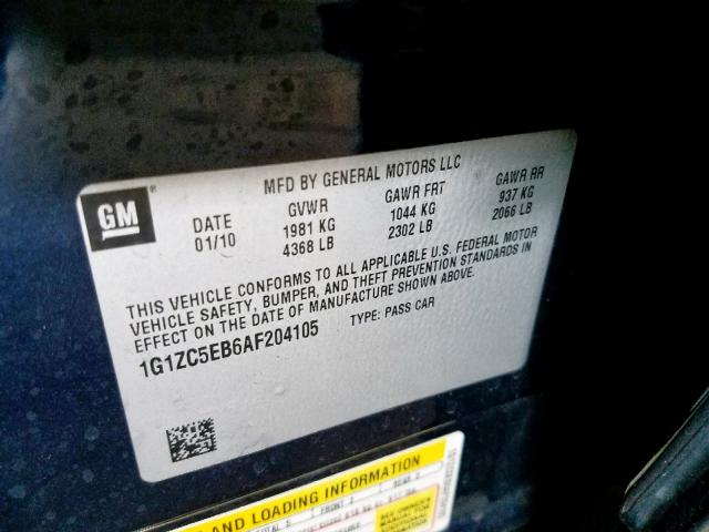 1G1ZC5EB6AF204105 - 2010 CHEVROLET MALIBU 1LT BLUE photo 10