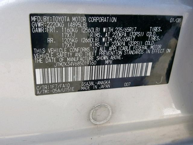 JTMZK34V685019160 - 2008 TOYOTA RAV4 LIMIT SILVER photo 10