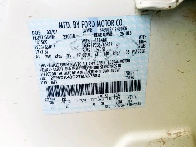 2FMDK48C27BA83582 - 2007 FORD EDGE SEL WHITE photo 10