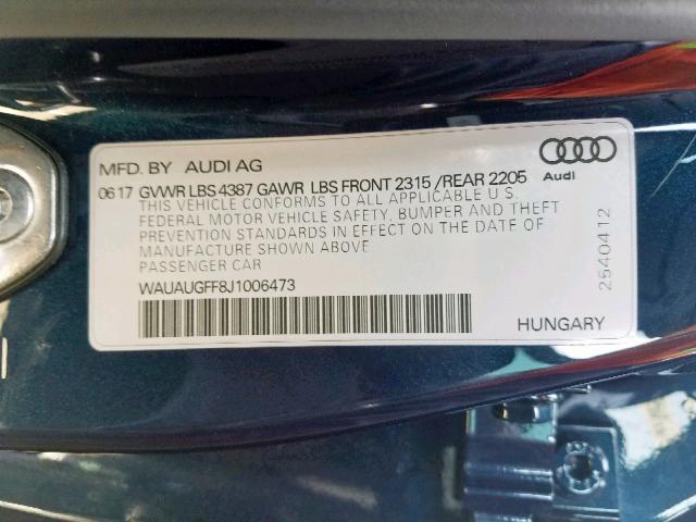 WAUAUGFF8J1006473 - 2018 AUDI A3 PREMIUM BLUE photo 10