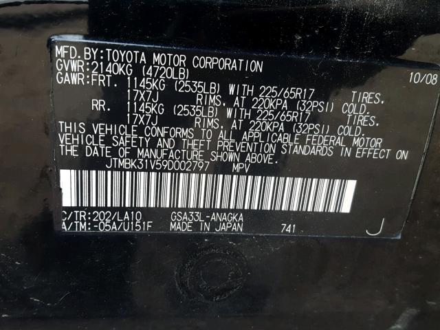 JTMBK31V59D002797 - 2009 TOYOTA RAV4 LIMIT BLACK photo 10