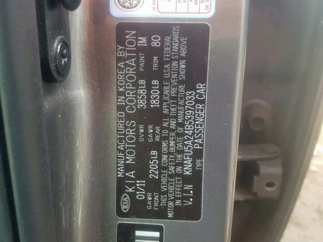 KNAFU5A24B5397033 - 2011 KIA FORTE EX GRAY photo 10