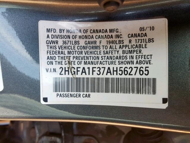 2HGFA1F37AH562765 - 2010 HONDA CIVIC VP GRAY photo 10