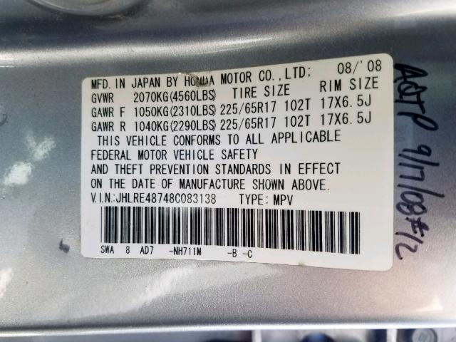 JHLRE48748C083138 - 2008 HONDA CR-V EXL SILVER photo 10