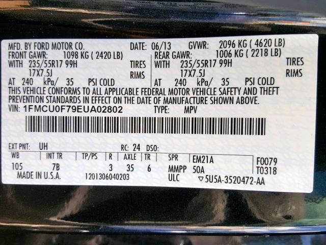 1FMCU0F79EUA02802 - 2014 FORD ESCAPE S BLACK photo 10