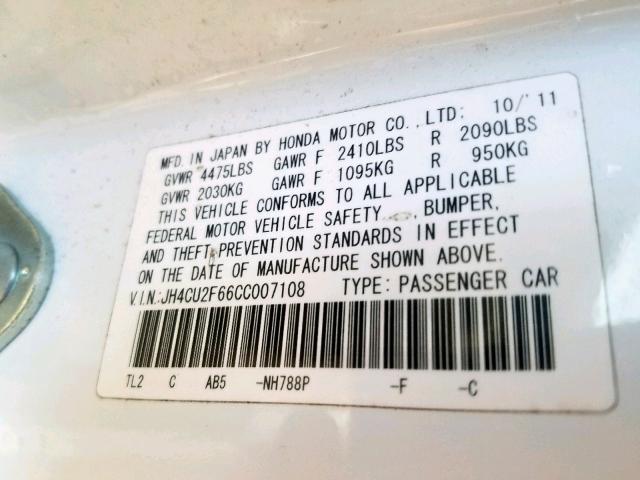 JH4CU2F66CC007108 - 2012 ACURA TSX TECH WHITE photo 10