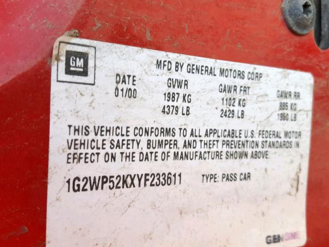 1G2WP52KXYF233611 - 2000 PONTIAC GRAND PRIX RED photo 10