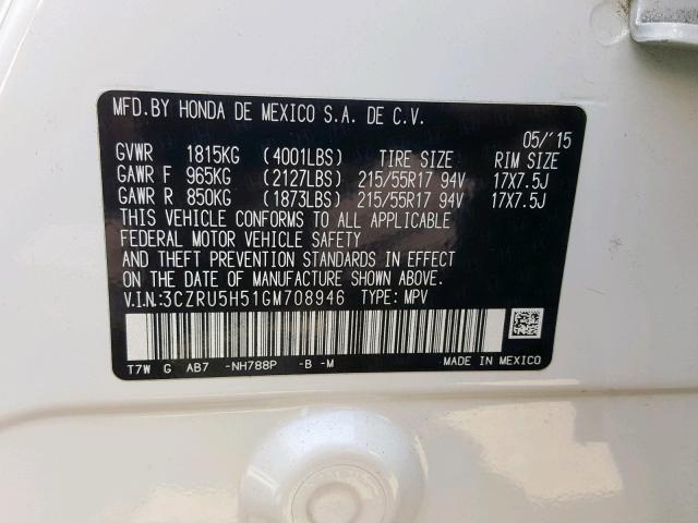 3CZRU5H51GM708946 - 2016 HONDA HR-V EX WHITE photo 10