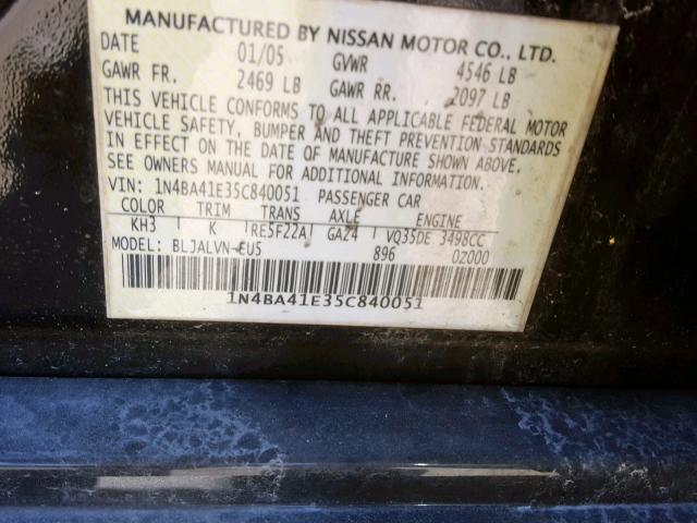 1N4BA41E35C840051 - 2005 NISSAN MAXIMA SE BLACK photo 10