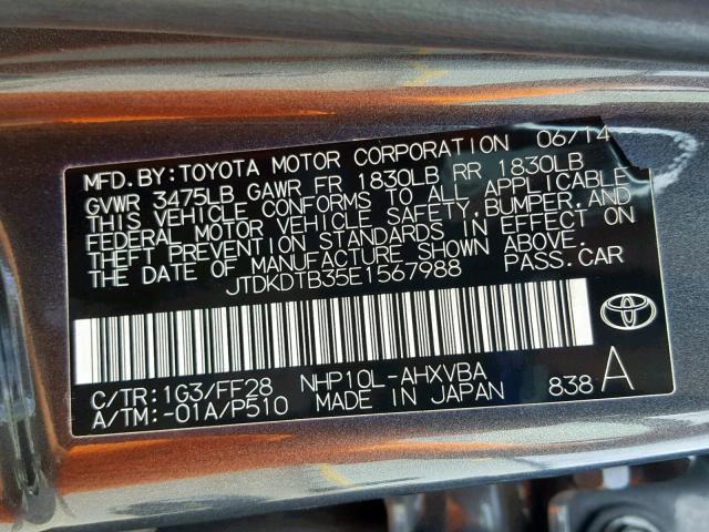 JTDKDTB35E1567988 - 2014 TOYOTA PRIUS C GRAY photo 10