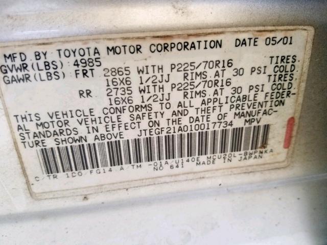 JTEGF21A010017734 - 2001 TOYOTA HIGHLANDER SILVER photo 10