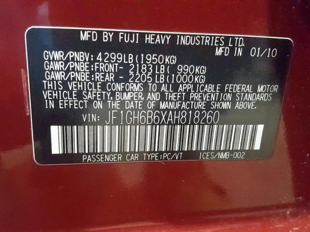 JF1GH6B6XAH818260 - 2010 SUBARU IMPREZA 2. RED photo 10