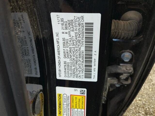 1HGCV1F34JA053741 - 2018 HONDA ACCORD SPO 黑色 照片 10