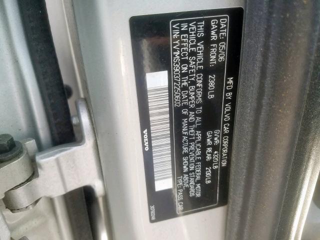 YV1MS390372250602 - 2007 VOLVO S40 2.4I SILVER photo 10