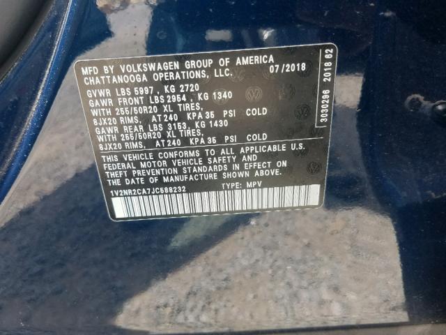 1V2NR2CA7JC588232 - 2018 VOLKSWAGEN ATLAS SEL Mavi foto 10