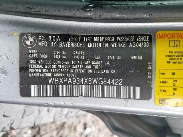 WBXPA934X6WG84422 - 2006 BMW X3 3.0I CHARCOAL photo 10