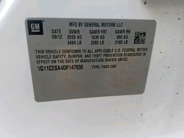 1G11C5SA4DF147836 - 2013 CHEVROLET MALIBU 1LT 白色 照片 10