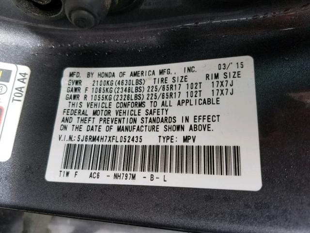 5J6RM4H7XFL052435 - 2015 HONDA CR-V EXL GRAY photo 10