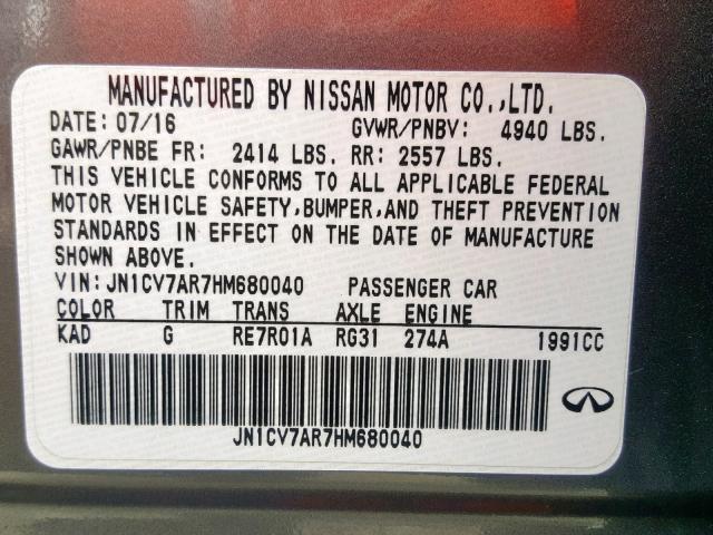 JN1CV7AR7HM680040 - 2017 INFINITI Q50 BASE GRAY photo 10