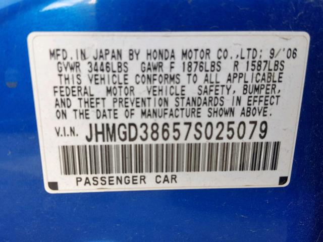 JHMGD38657S025079 - 2007 HONDA FIT S 蓝色 照片 10