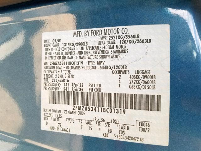 2FMZA53411BC01319 - 2001 FORD WINDSTAR S BLUE photo 10