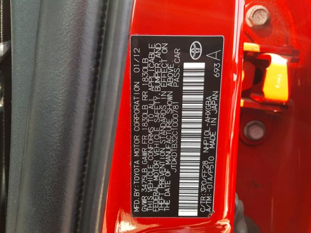 JTDKDTB32C1000781 - 2012 TOYOTA PRIUS C RED photo 10