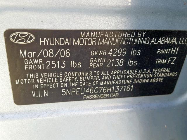 5NPEU46C76H137161 - 2006 HYUNDAI SONATA GLS SILVER photo 10