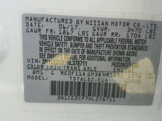 3N1CE2CP7HL378711 - 2017 NISSAN VERSA NOTE WHITE photo 10