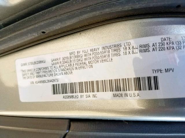 4S4WX85C364426737 - 2006 SUBARU B9 TRIBECA SILVER photo 10