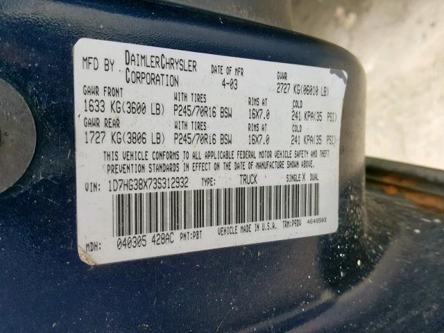 1D7HG38X73S312932 - 2003 DODGE DAKOTA QUA BLUE photo 10