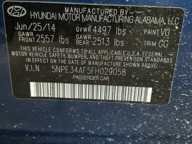 5NPE34AF5FH029058 - 2015 HYUNDAI SONATA SPO BLUE photo 10