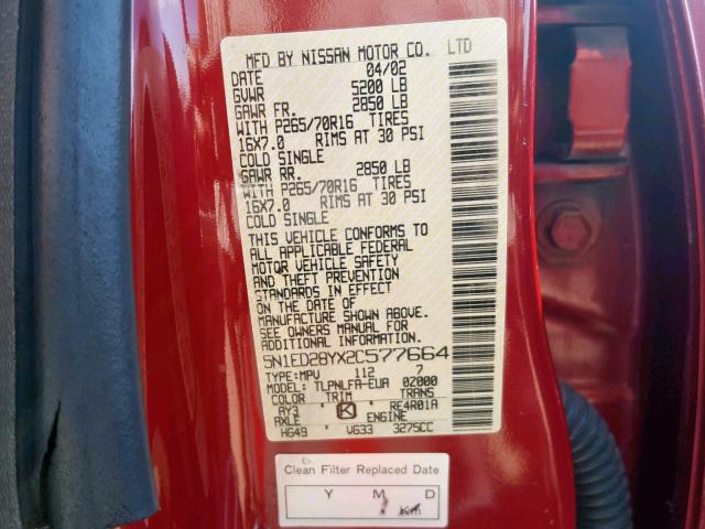 5N1ED28YX2C577664 - 2002 NISSAN XTERRA XE RED photo 10