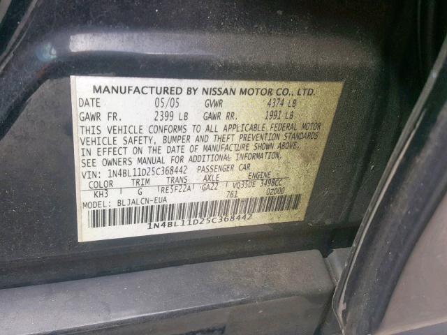 1N4BL11D25C368442 - 2005 NISSAN ALTIMA SE BLACK photo 10