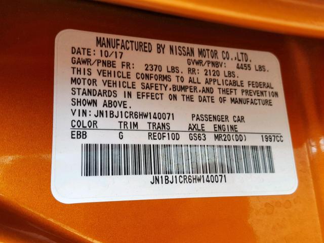 JN1BJ1CR6HW140071 - 2017 NISSAN ROGUE SPOR ORANGE photo 10