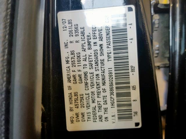 1HGCP36868A026911 - 2008 HONDA ACCORD EXL BLACK photo 10