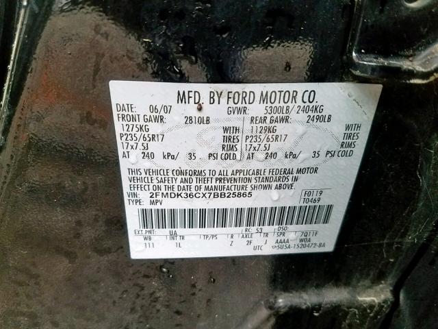 2FMDK36CX7BB25865 - 2007 FORD EDGE SE BLACK photo 10