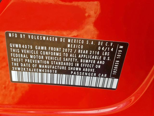 3VW2K7AJXEM436018 - 2014 VOLKSWAGEN JETTA BASE RED photo 10
