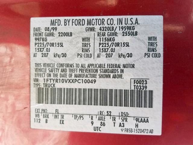 1FTYR10VXXPC10049 - 1999 FORD RANGER RED photo 10