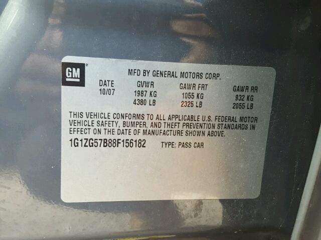 1G1ZG57B88F156182 - 2008 CHEVROLET MALIBU LS 灰色 照片 10