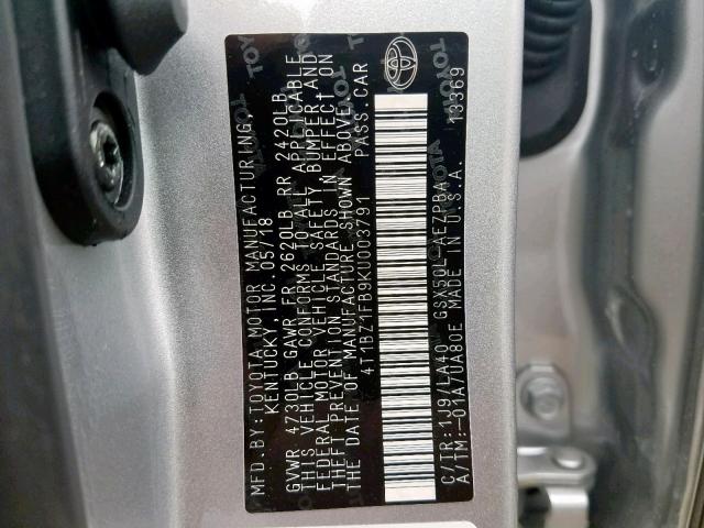 4T1BZ1FB9KU003791 - 2019 TOYOTA AVALON XLE SILVER photo 10