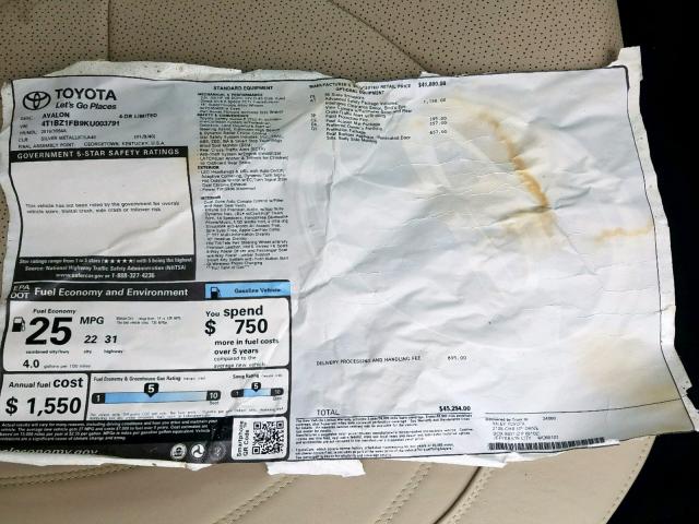 4T1BZ1FB9KU003791 - 2019 TOYOTA AVALON XLE SILVER photo 9