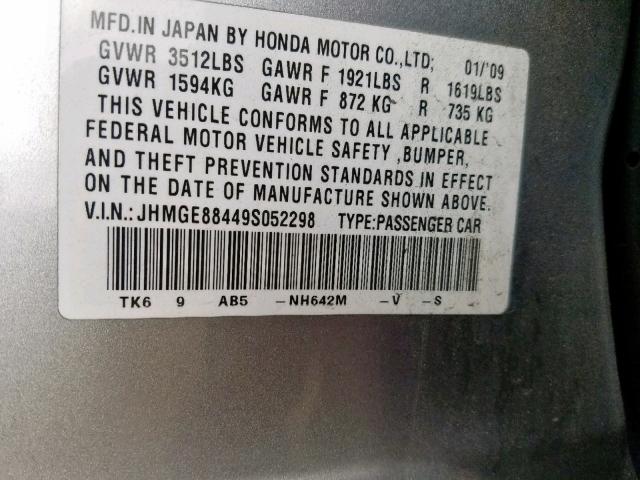 JHMGE88449S052298 - 2009 HONDA FIT SPORT SILVER photo 10