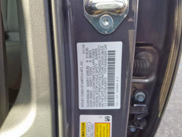 1HGCV1F59JA090737 - 2018 HONDA ACCORD EXL GRAY photo 10