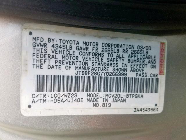 JT8BF28G7Y0266999 - 2000 LEXUS ES 300 SILVER photo 10