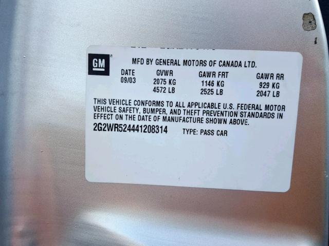 2G2WR524441208314 - 2004 PONTIAC GRAND PRIX SILVER photo 10